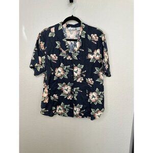 Kathie Lee‎ Womens Black Floral Blouse 16 short sleeve button up linen collared
